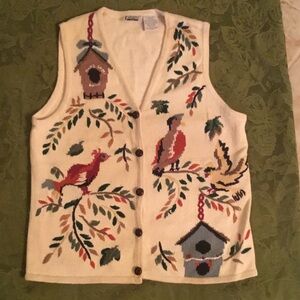 Vintage Bird Embroidered Cream Vest